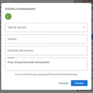 FORMULARIO PEDIR PRESUPUESTO GOOGLE MY BUSINESS