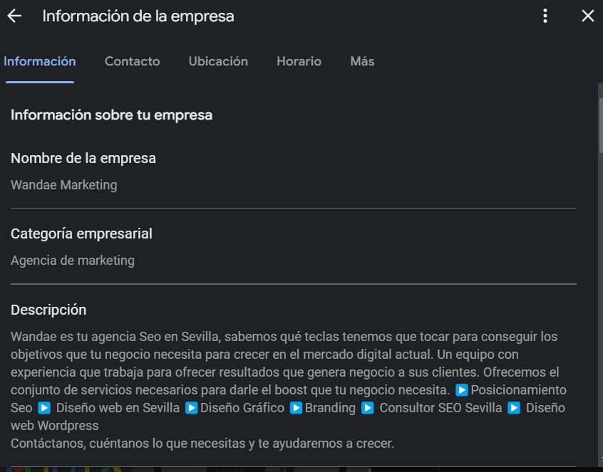 Informacion empresa Google my business