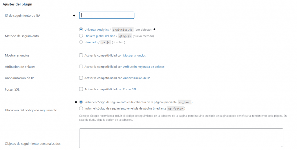 ajustes del plugin